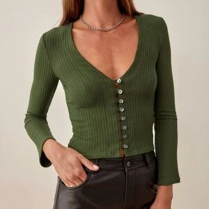 Reformation Olive Green Ribbed Button-Up Blouse
